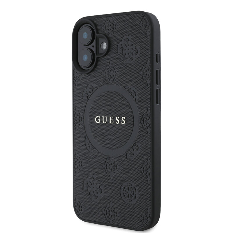 Husa Guess Saffiano Peony Classic Logo MagSafe iPhone 16, negru, GUHMP16SPSAPSMEK