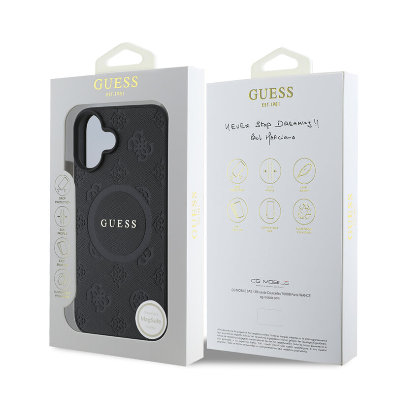 Husa Guess Saffiano Peony Classic Logo MagSafe iPhone 16, negru, GUHMP16SPSAPSMEK