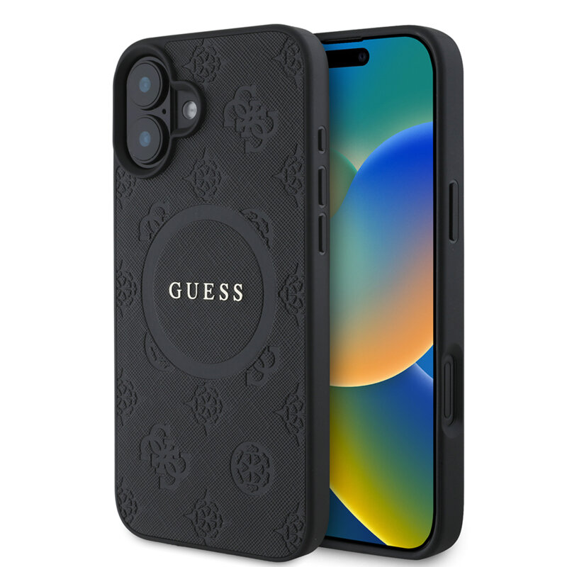 Husa Guess Saffiano Peony Classic Logo MagSafe iPhone 16 Plus, negru, GUHMP16MPSAPSMEK