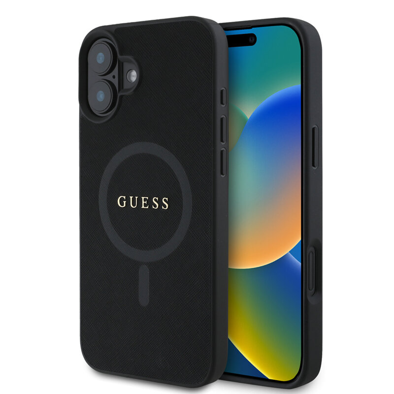 Husa Guess Saffiano Classic Logo MagSafe iPhone 16 Plus, negru, GUHMP16MPSAHMCK