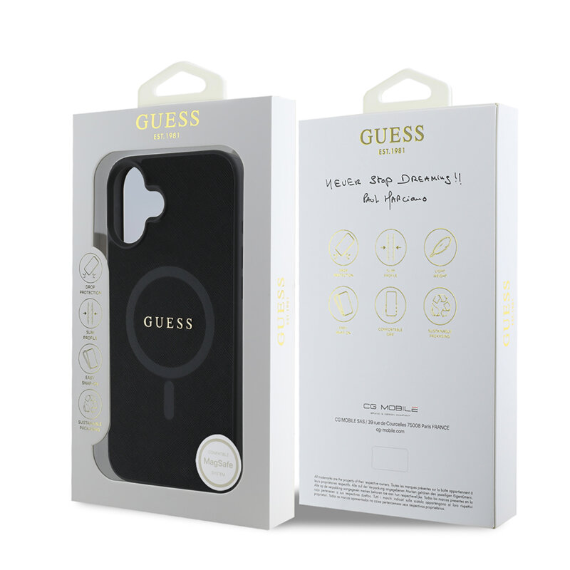 Husa Guess Saffiano Classic Logo MagSafe iPhone 16 Plus, negru, GUHMP16MPSAHMCK