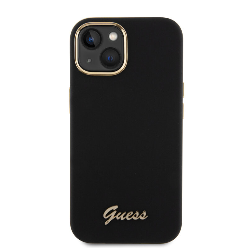 Husa Guess iPhone 15 Silicone Script Metal Logo & Frame, negru, GUHCP15SSMBSLK