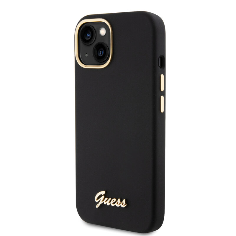 Husa Guess iPhone 15 Silicone Script Metal Logo & Frame, negru, GUHCP15SSMBSLK
