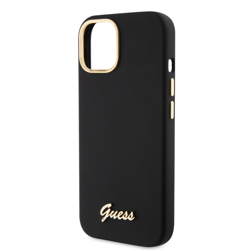 Husa Guess iPhone 15 Silicone Script Metal Logo & Frame, negru, GUHCP15SSMBSLK
