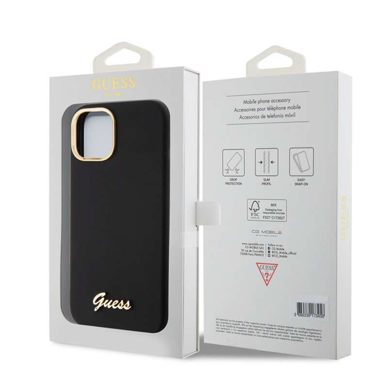 Husa Guess iPhone 15 Silicone Script Metal Logo & Frame, negru, GUHCP15SSMBSLK