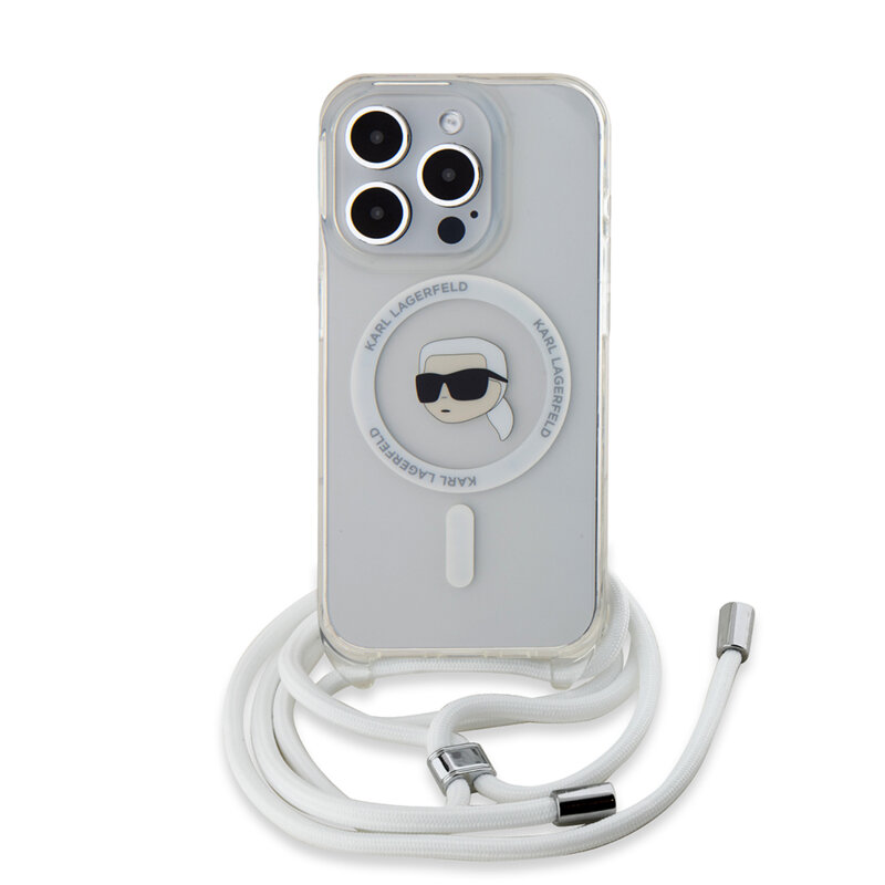 Husa iPhone 15 Pro Max Karl Lagerfeld IML Crossbody MagSafe, Karl Head, transparenta, KLHMP15XHCKHNT