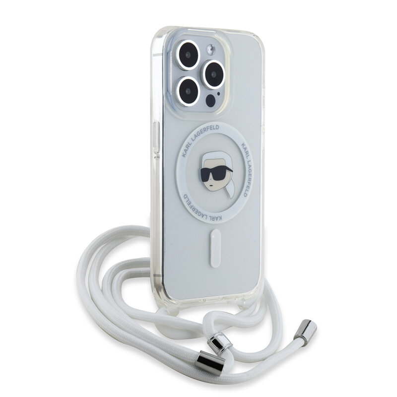 Husa iPhone 15 Pro Max Karl Lagerfeld IML Crossbody MagSafe, Karl Head, transparenta, KLHMP15XHCKHNT