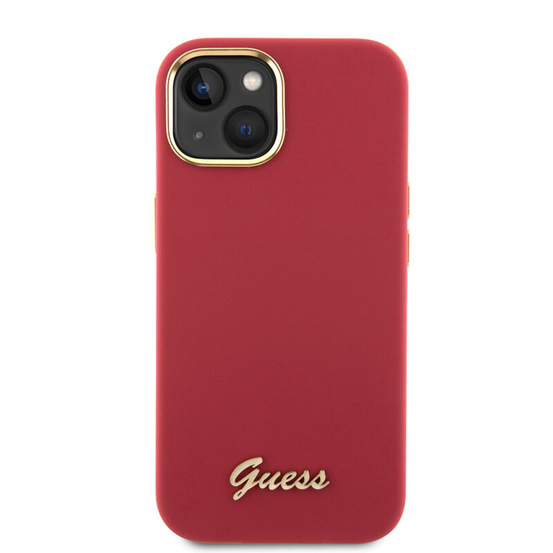 Husa Guess iPhone 15 Silicone Script Metal Logo & Frame, rosu, GUHCP15SSMBSLM
