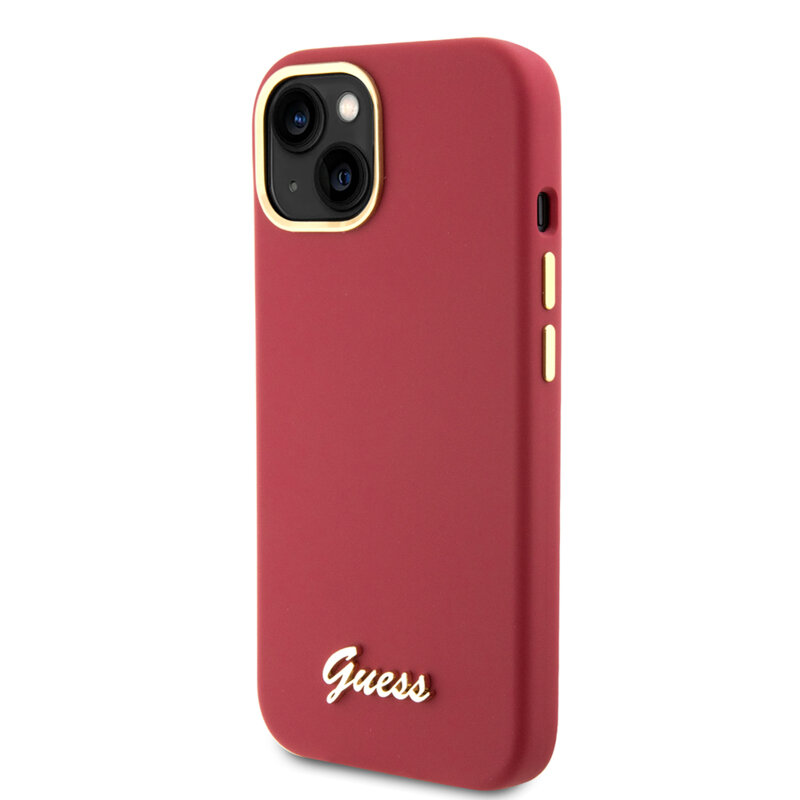 Husa Guess iPhone 15 Silicone Script Metal Logo & Frame, rosu, GUHCP15SSMBSLM