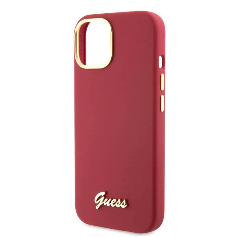 Husa Guess iPhone 15 Silicone Script Metal Logo & Frame, rosu, GUHCP15SSMBSLM