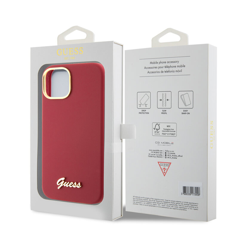 Husa Guess iPhone 15 Silicone Script Metal Logo & Frame, rosu, GUHCP15SSMBSLM
