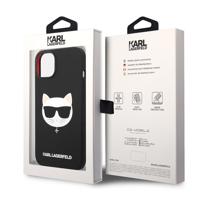 Husa Karl Lagerfeld iPhone 15 Plus Silicone MagSafe, Choupette Head, negru, KLHMP14MSLCHBK