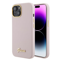 Husa Guess iPhone 15 Silicone Script Metal Logo & Frame, roz deschis, GUHCP15SSMBSLP