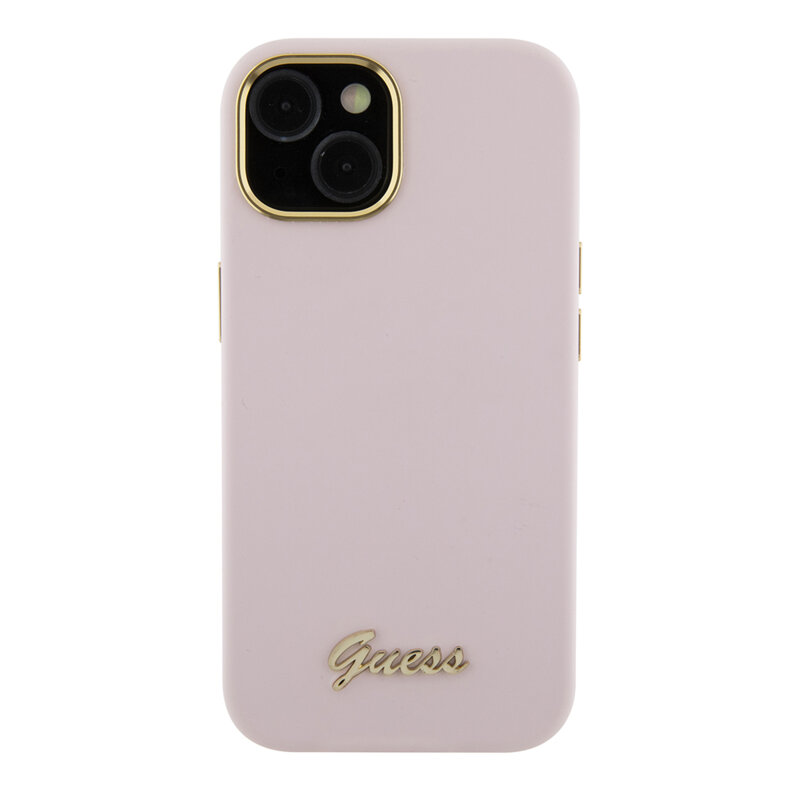 Husa Guess iPhone 15 Silicone Script Metal Logo & Frame, roz deschis, GUHCP15SSMBSLP