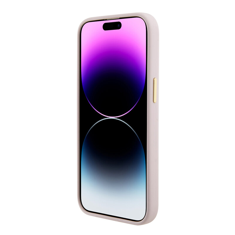 Husa Guess iPhone 15 Silicone Script Metal Logo & Frame, roz deschis, GUHCP15SSMBSLP