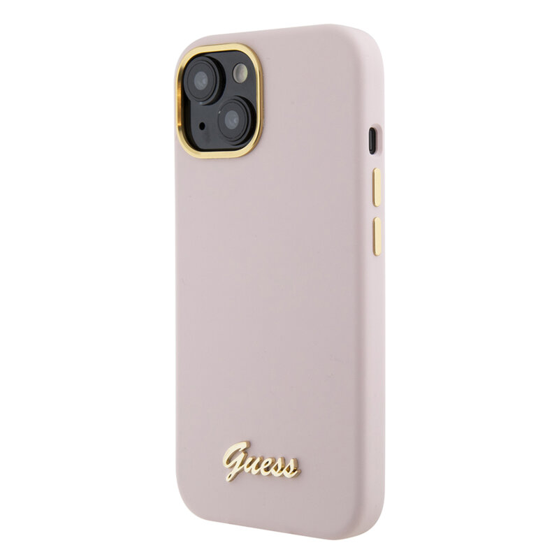 Husa Guess iPhone 15 Silicone Script Metal Logo & Frame, roz deschis, GUHCP15SSMBSLP