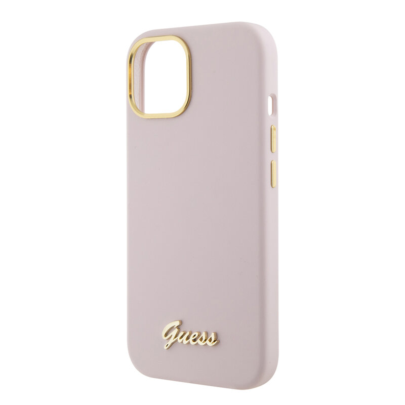 Husa Guess iPhone 15 Silicone Script Metal Logo & Frame, roz deschis, GUHCP15SSMBSLP