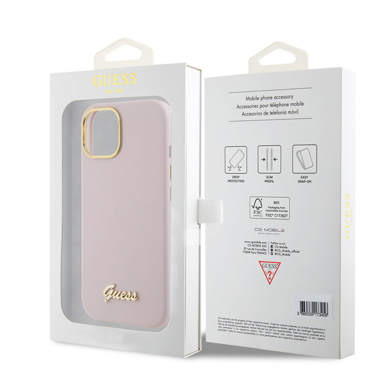 Husa Guess iPhone 15 Silicone Script Metal Logo & Frame, roz deschis, GUHCP15SSMBSLP