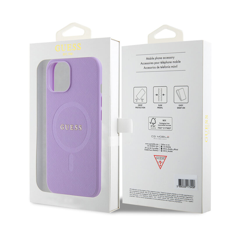 Husa Guess Saffiano MagSafe iPhone 15, mov, GUHMP15SPSAHMCU