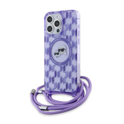 Husa iPhone 15 Pro Max Karl Lagerfeld IML Crossbody MagSafe, Monogram Karl&Choupette Head, mov, KLHMP15XHCKCKLCU