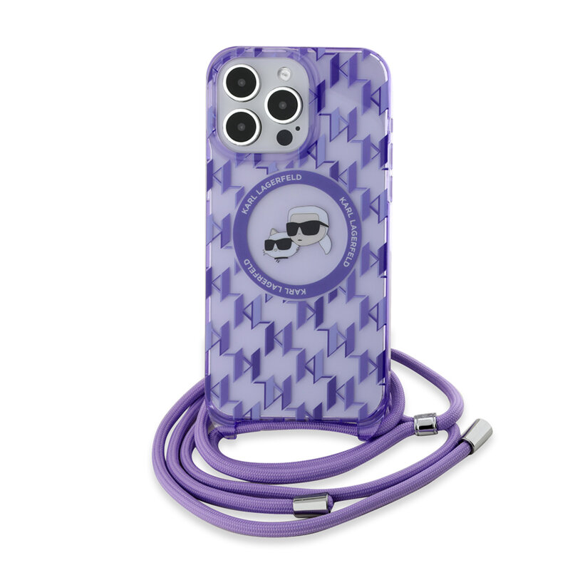 Husa iPhone 15 Pro Max Karl Lagerfeld IML Crossbody MagSafe, Monogram Karl&Choupette Head, mov, KLHMP15XHCKCKLCU