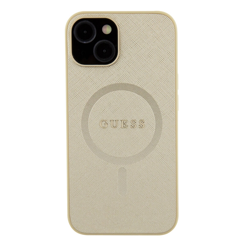 Husa Guess Saffiano MagSafe iPhone 15, auriu, GUHMP15SPSAHMCB