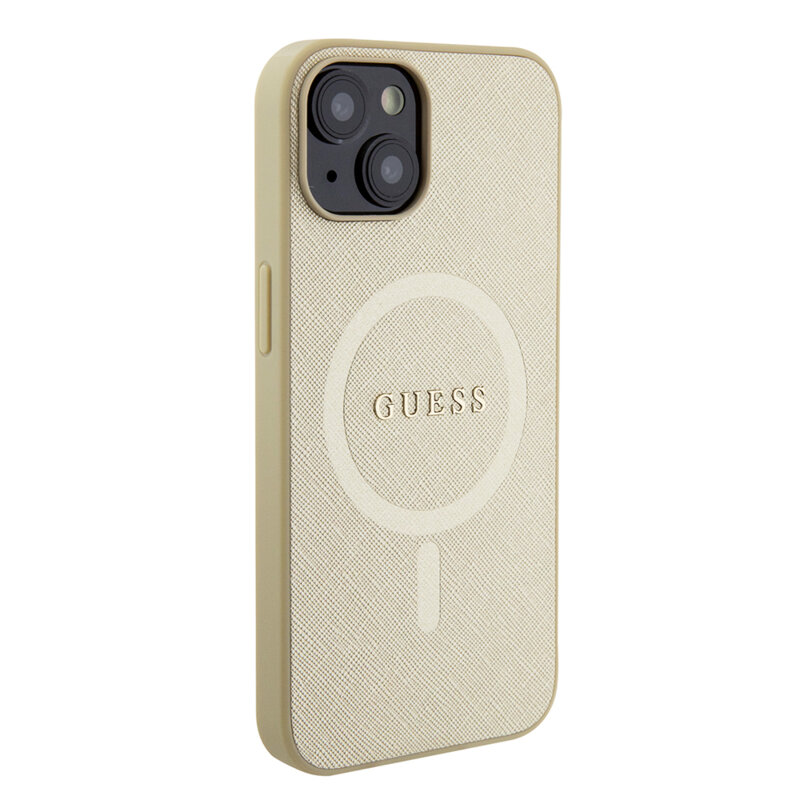 Husa Guess Saffiano MagSafe iPhone 15, auriu, GUHMP15SPSAHMCB