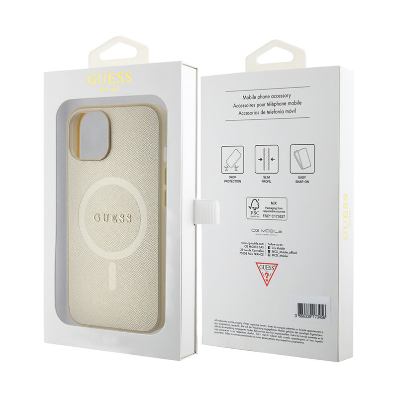 Husa Guess Saffiano MagSafe iPhone 15, auriu, GUHMP15SPSAHMCB