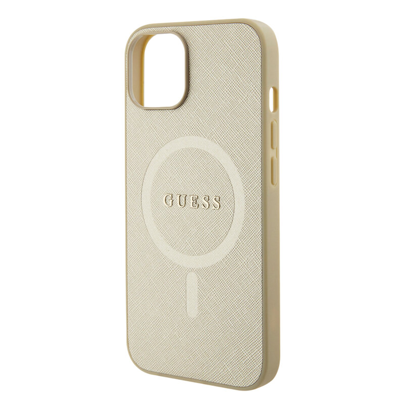 Husa Guess Saffiano MagSafe iPhone 15 Plus, auriu, GUHMP15MPSAHMCB