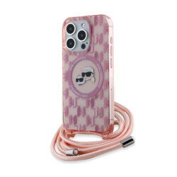 Husa iPhone 15 Pro Max Karl Lagerfeld IML Crossbody MagSafe, Monogram Karl&Choupette Head, roz, KLHMP15XHCKCKLCP