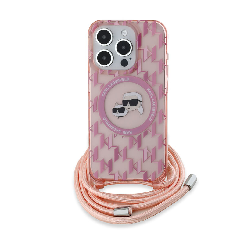Husa iPhone 15 Pro Max Karl Lagerfeld IML Crossbody MagSafe, Monogram Karl&Choupette Head, roz, KLHMP15XHCKCKLCP