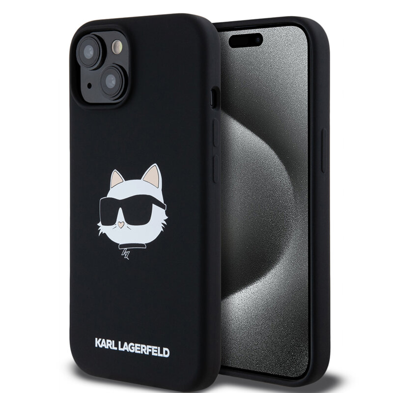 Husa Karl Lagerfeld iPhone 15 Silicone MagSafe, Choupette Head, negru, KLHMP15SSCHPPLK