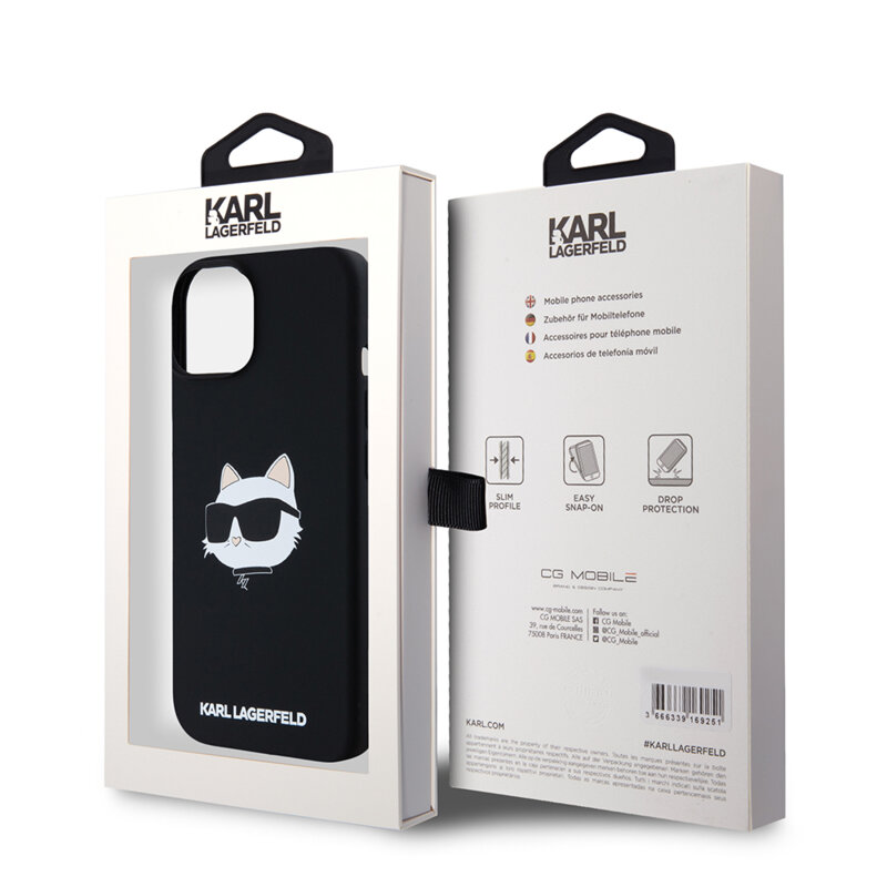 Husa Karl Lagerfeld iPhone 15 Silicone MagSafe, Choupette Head, negru, KLHMP15SSCHPPLK
