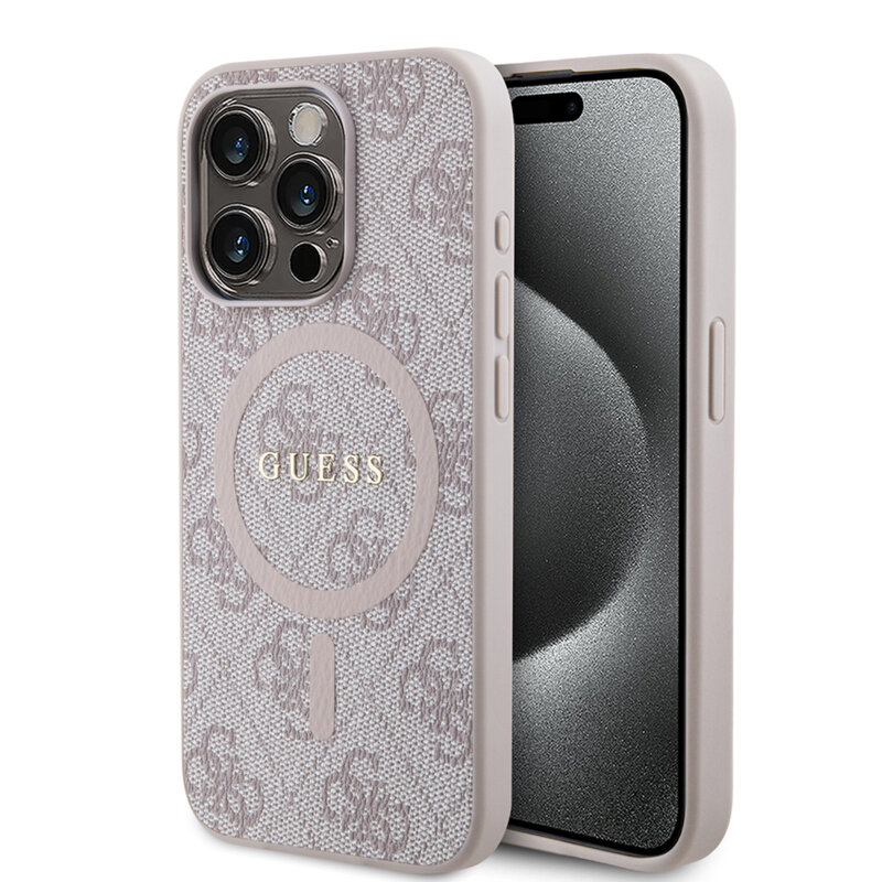 Husa Guess iPhone 15 Pro Max 4G Collection Leather MagSafe, roz, GUHMP15XG4GFRP