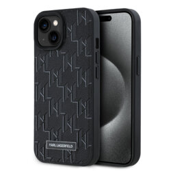 Husa iPhone 15 Karl Lagerfeld Leather MagSafe, Monogram Metal Logo, negru, KLHMP15SPKHPORPK