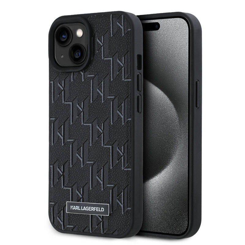 Husa iPhone 15 Karl Lagerfeld Leather MagSafe, Monogram Metal Logo, negru, KLHMP15SPKHPORPK