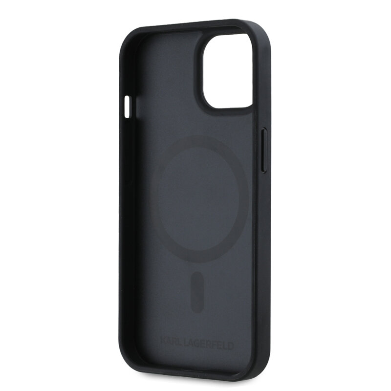 Husa iPhone 15 Karl Lagerfeld Leather MagSafe, Monogram Metal Logo, negru, KLHMP15SPKHPORPK