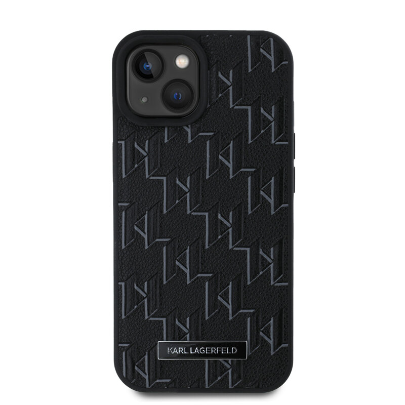 Husa iPhone 15 Karl Lagerfeld Leather MagSafe, Monogram Metal Logo, negru, KLHMP15SPKHPORPK
