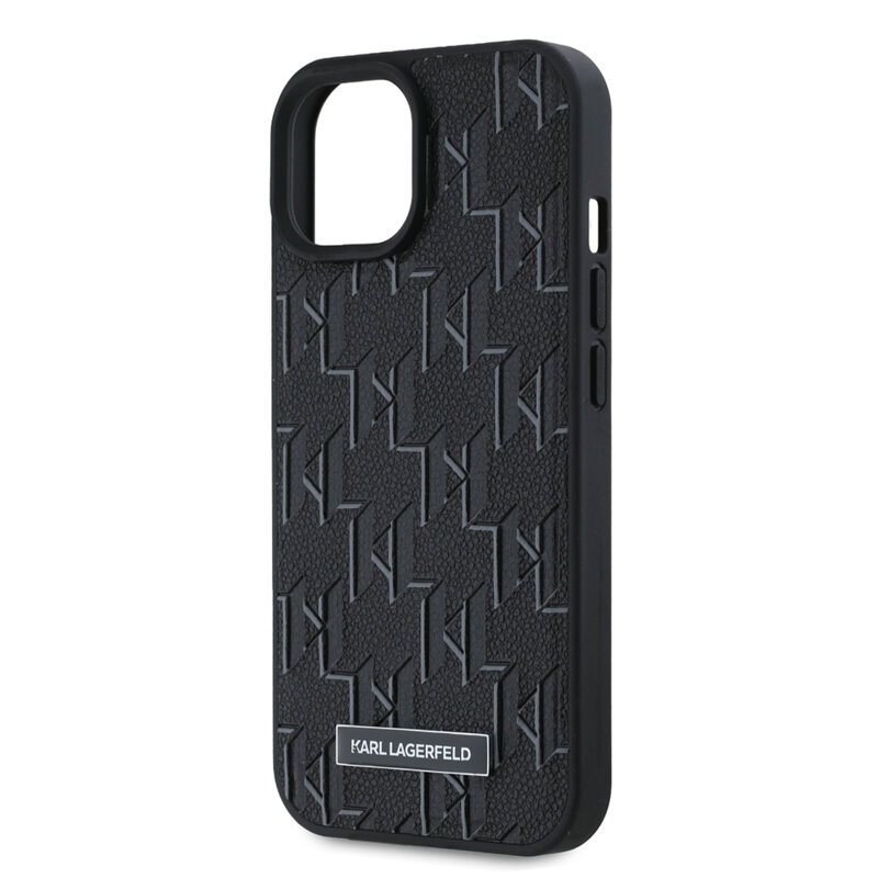 Husa iPhone 15 Karl Lagerfeld Leather MagSafe, Monogram Metal Logo, negru, KLHMP15SPKHPORPK