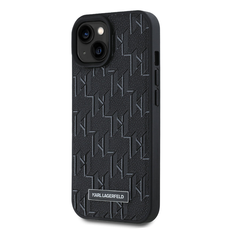 Husa iPhone 15 Karl Lagerfeld Leather MagSafe, Monogram Metal Logo, negru, KLHMP15SPKHPORPK