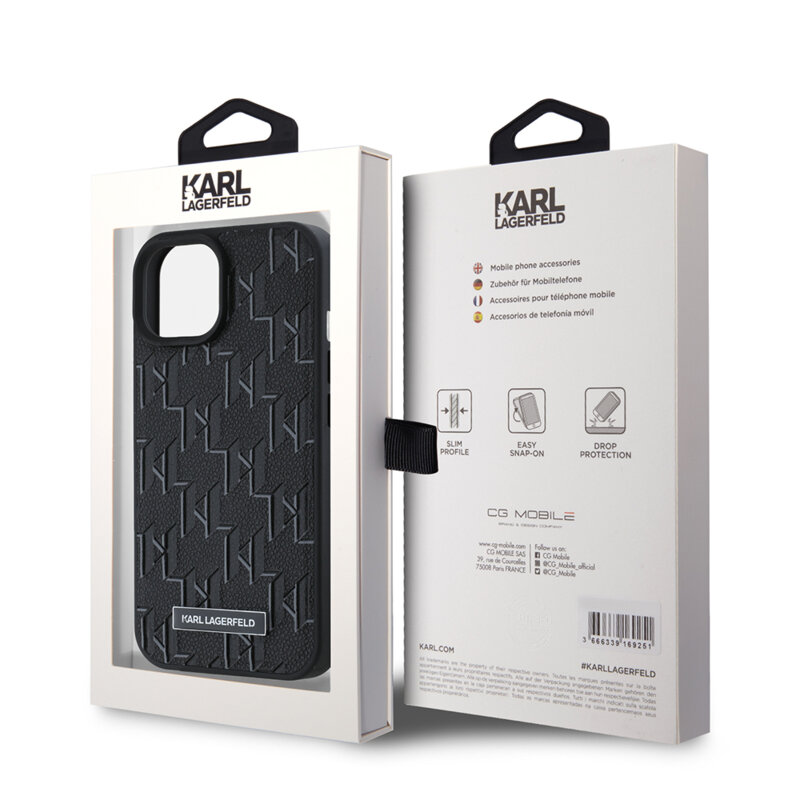Husa iPhone 15 Karl Lagerfeld Leather MagSafe, Monogram Metal Logo, negru, KLHMP15SPKHPORPK