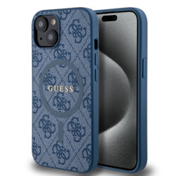 Husa Guess iPhone 15 Plus 4G Collection Leather MagSafe, albastru, GUHMP15MG4GFRB