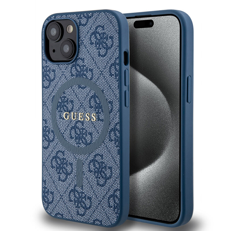 Husa Guess iPhone 15 Plus 4G Collection Leather MagSafe, albastru, GUHMP15MG4GFRB