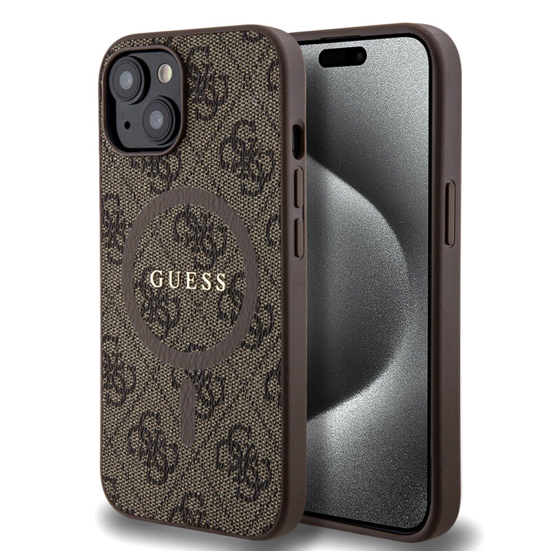 Husa Guess iPhone 15 Plus 4G Collection Leather MagSafe, maro, GUHMP15MG4GFRW