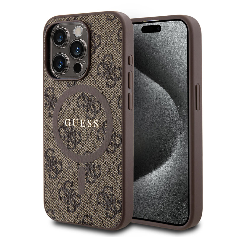 Husa Guess iPhone 15 Pro 4G Collection Leather MagSafe, maro, GUHMP15LG4GFRW