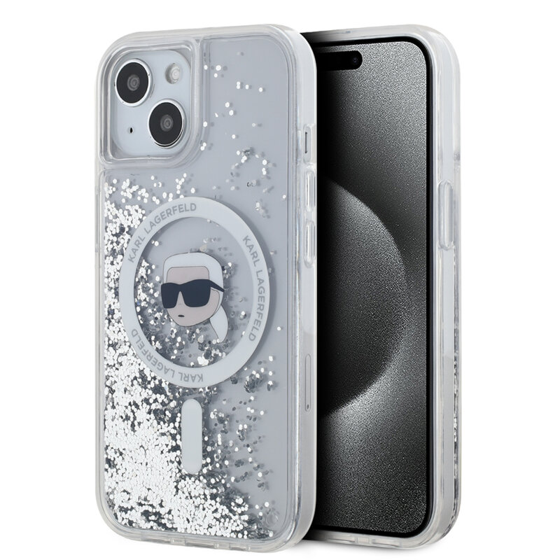 Husa Karl Lagerfeld iPhone 15 Liquid Glitter MagSafe, Karl Head, clear, KLHMP15SLGKISGH