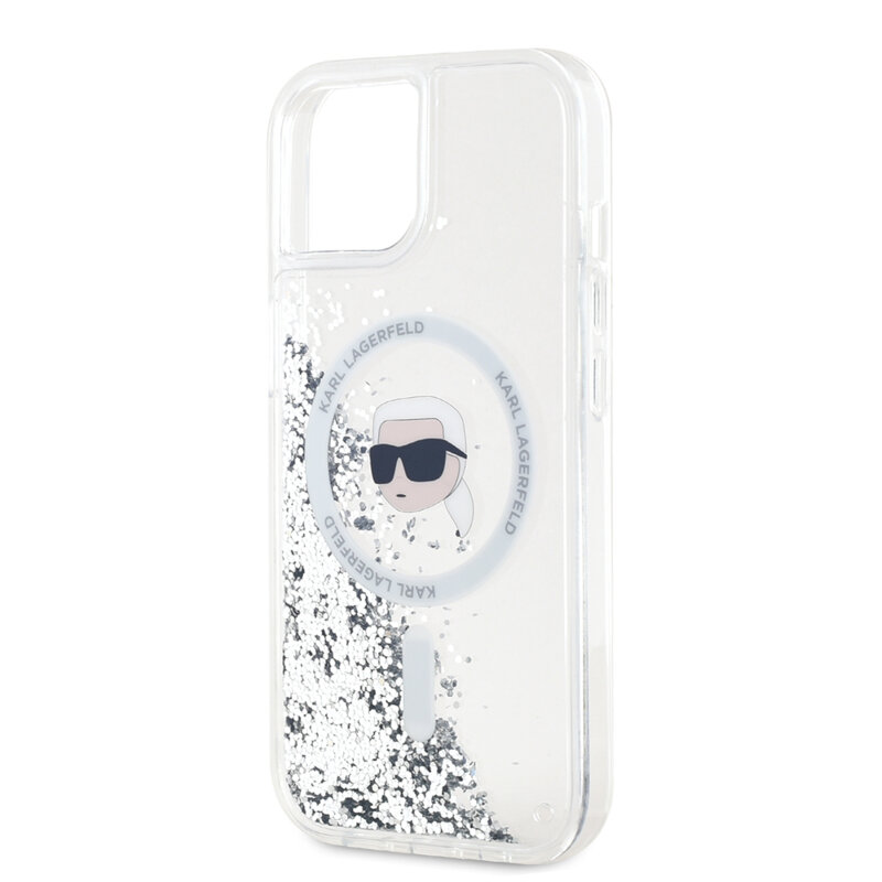 Husa Karl Lagerfeld iPhone 15 Liquid Glitter MagSafe, Karl Head, clear, KLHMP15SLGKISGH