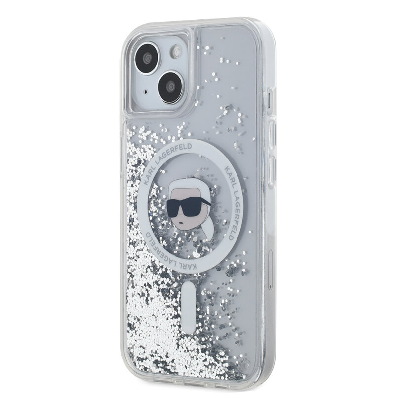 Husa Karl Lagerfeld iPhone 15 Liquid Glitter MagSafe, Karl Head, clear, KLHMP15SLGKISGH