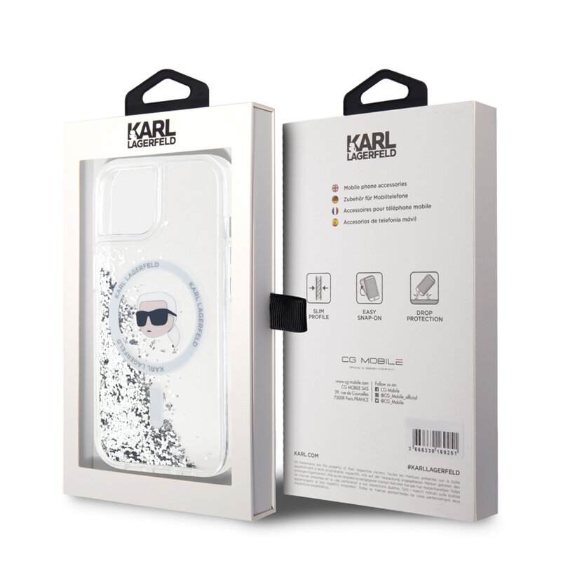 Husa Karl Lagerfeld iPhone 15 Liquid Glitter MagSafe, Karl Head, clear, KLHMP15SLGKISGH