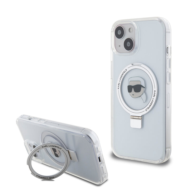 Husa iPhone 15 Karl Lagerfeld Hardcase Ring Stand MagSafe, Karl Head, alb, KLHMP15SHMRSKHH